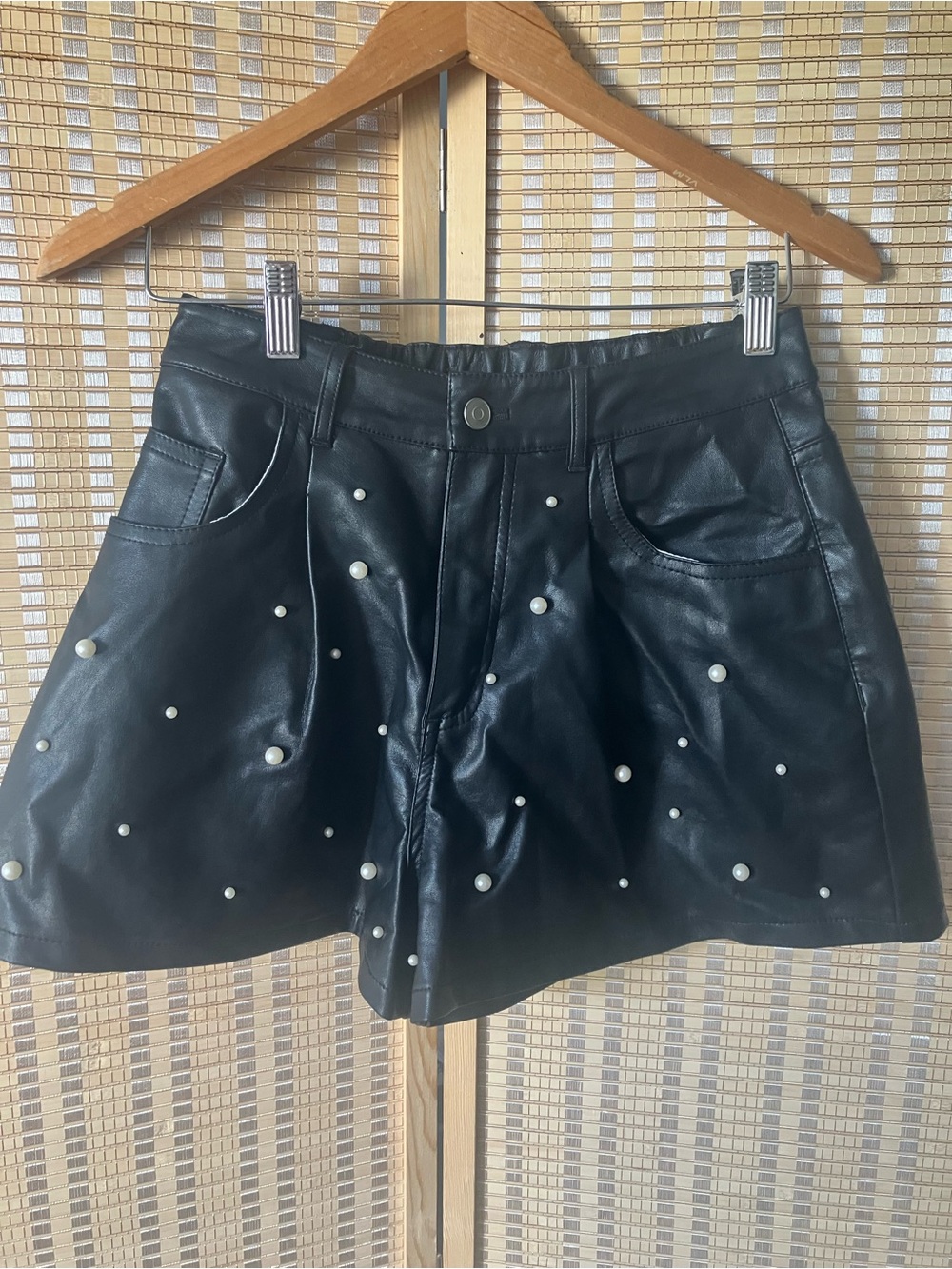 Black Faux Leather Pearl-Embellished shorts